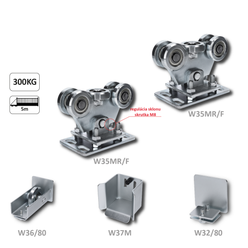 W-SET80F Set pro samonosný systém 80 x 80 x 5 mm, 2x regulovatelné vozíky, 1x doraz, 1x náběhové kolečko